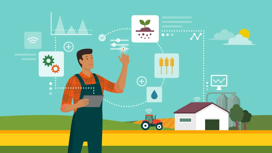 Grafische Darstellung eines Landwirtes mit verschiedenen Statistikelementen